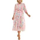 Women’s pastel floral chiffon midi dress with button-front design, tie waist, and three-quarter sleeves