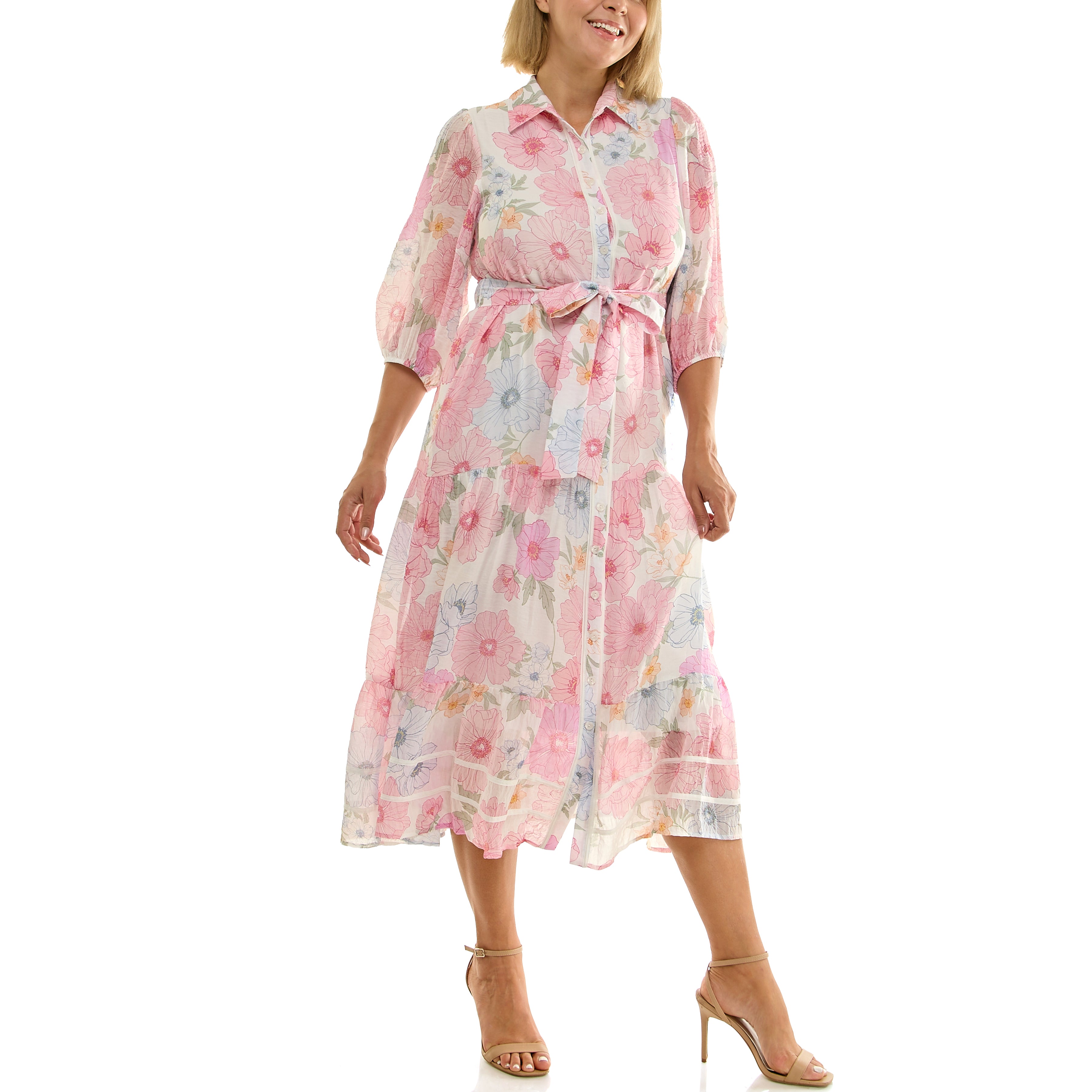 Side view of women’s floral chiffon midi dress with puff sleeves, collared neckline, and flowy silhouette
