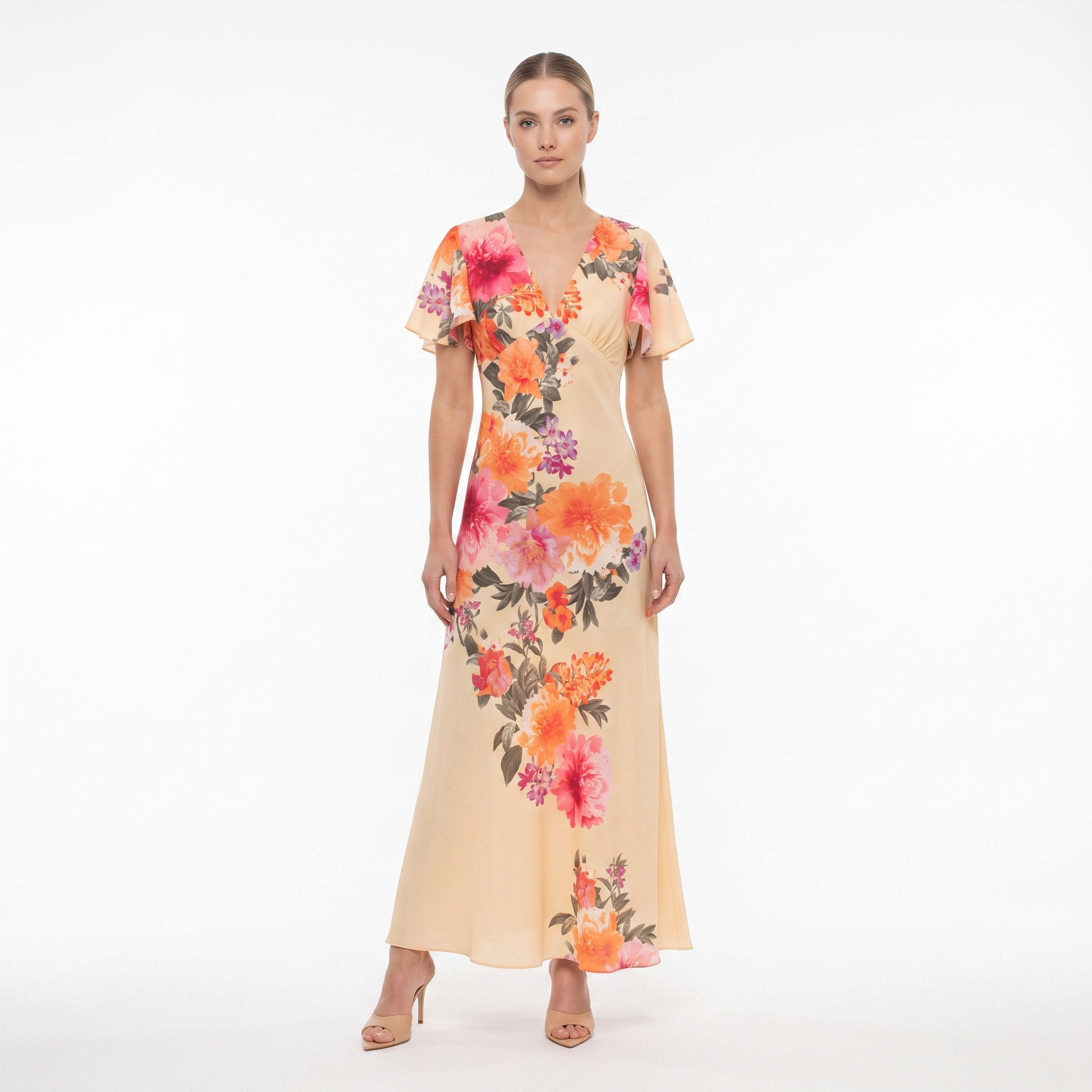 YELLOW FLORAL MIDI DRESS – ELEGANT V-NECK WRAP STYLE WITH FLUTTER SLEEVES & SOFT FLOWY YELLOW FLORAL / 6