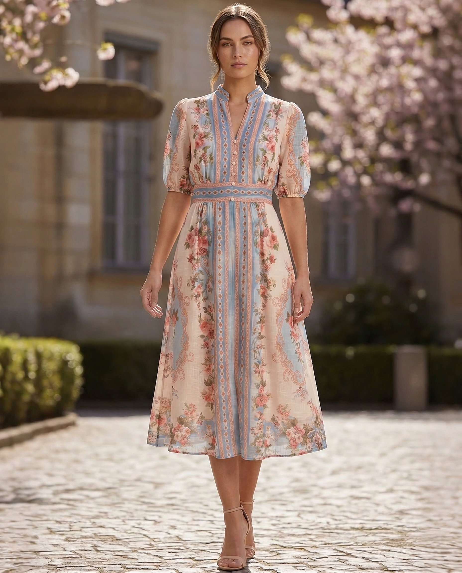 Cream FLORAL MIDI DRESS WITH BLUE PANEL DETAIL, BUTTON FRONT AND PUFF SLEEVES Cream / 14