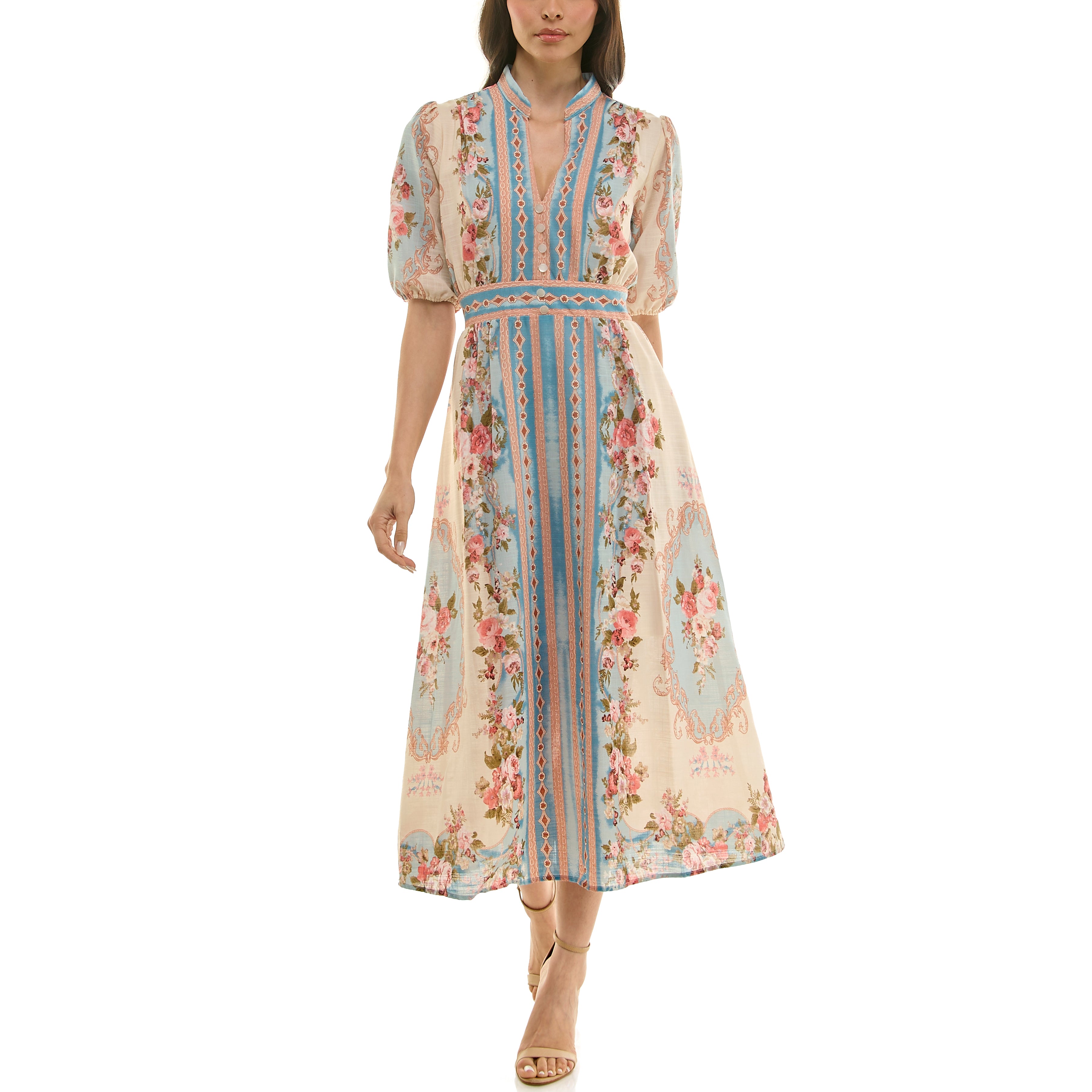 Floral midi dress with blue vertical panel, puff sleeves, and empire waist, front view.