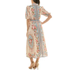 Floral midi dress with blue stripe detail and smocked waist, back angled view.