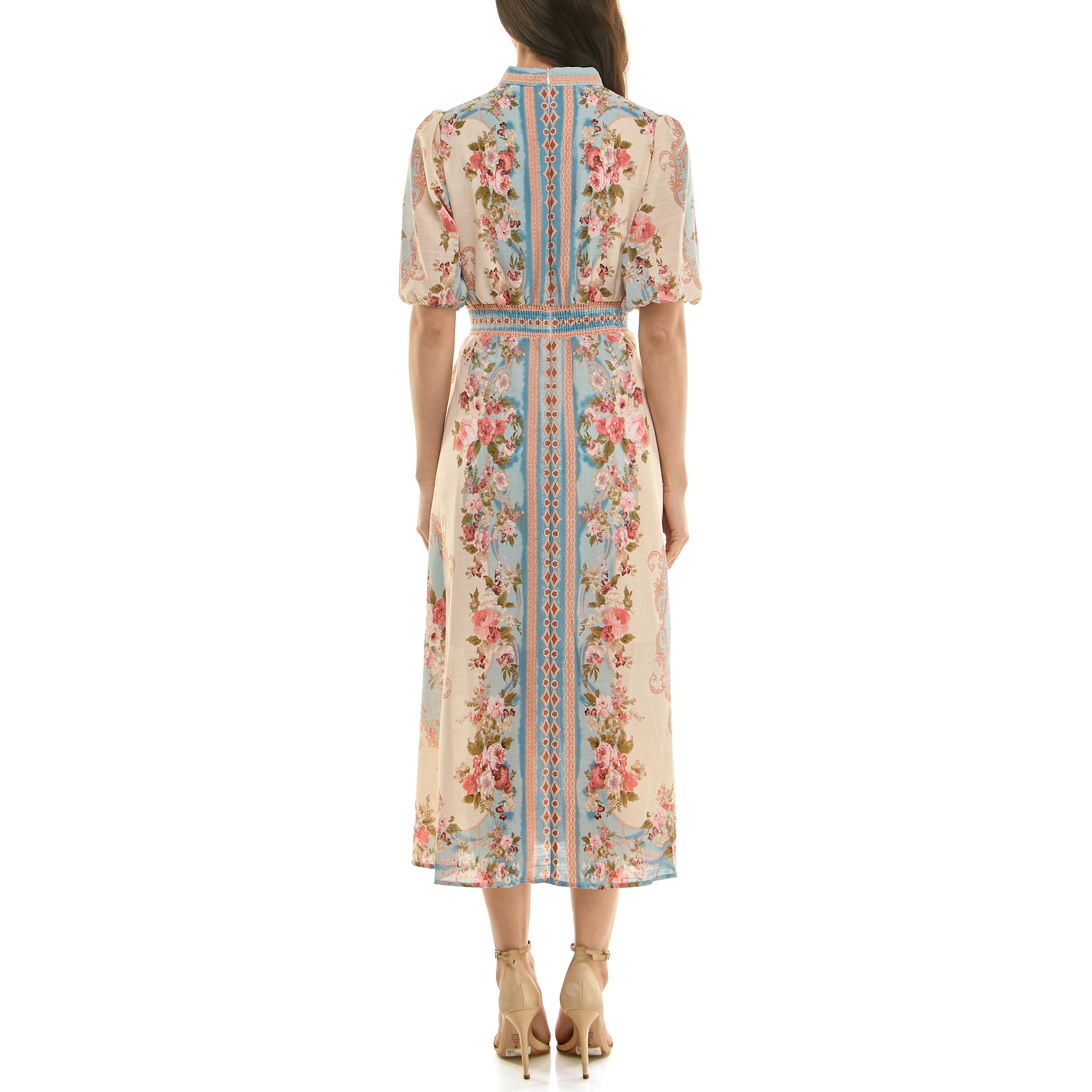 Floral midi dress with blue vertical paneling and short puff sleeves, back view.