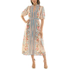 Vintage-inspired floral midi dress with blue trim, V-neck and puff sleeves, front view