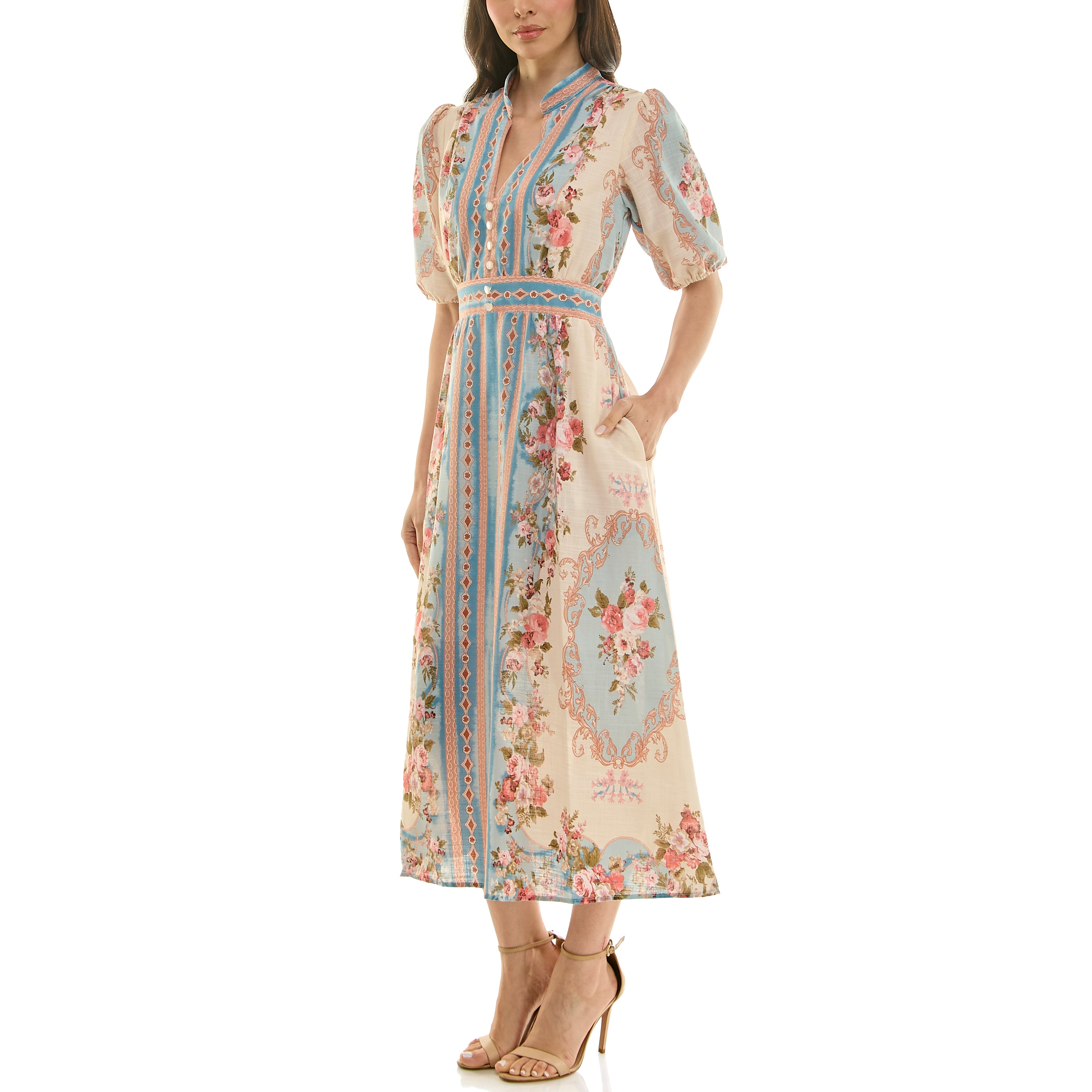 Floral puff-sleeve midi dress with blue center panel and flowing skirt, side view.