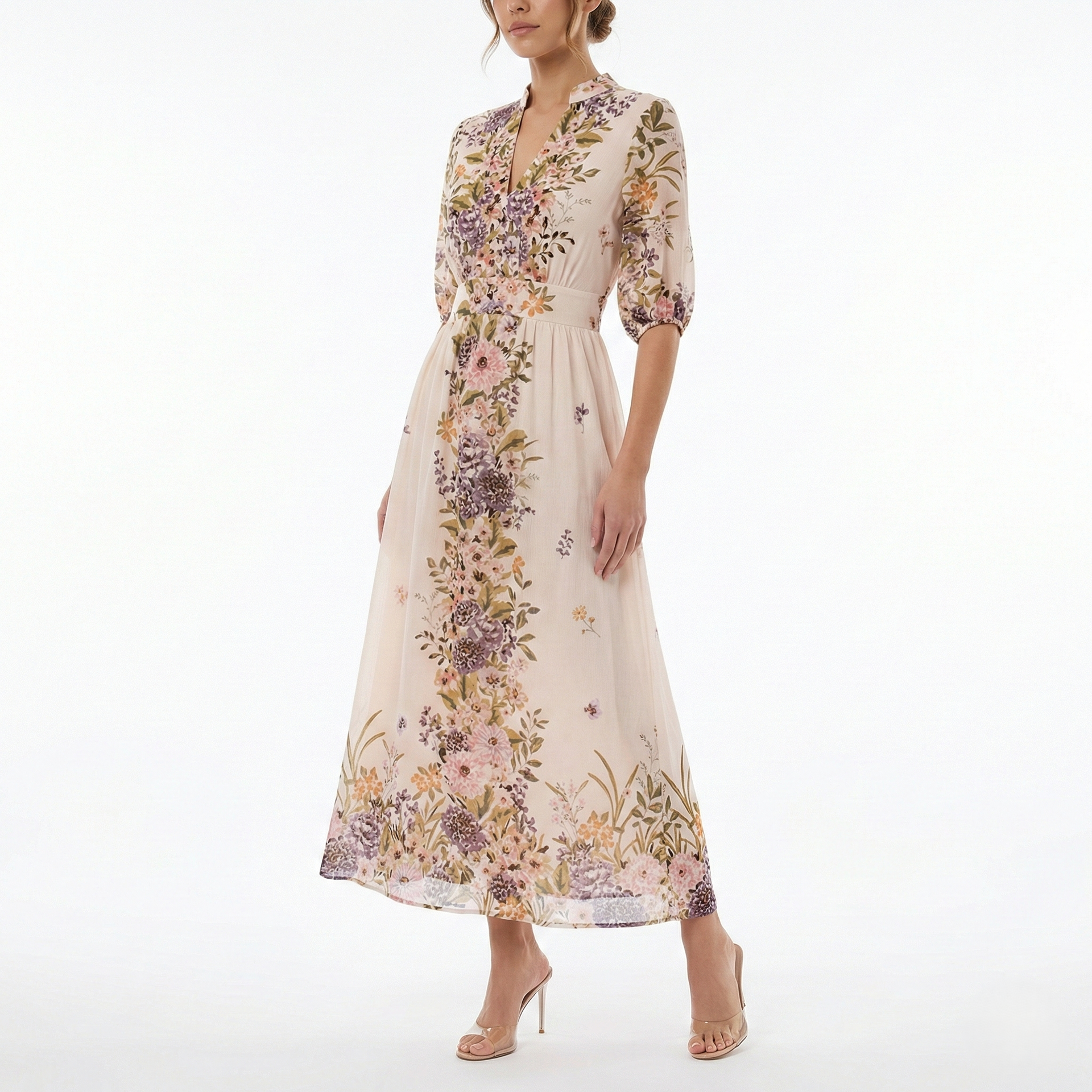 Cream FLORAL MIDI DRESS WITH V-NECK, PUFF SLEEVES AND VINTAGE-INSPIRED PRINT Cream / 4 Cream FLORAL MIDI DRESS WITH V-NECK, PUFF SLEEVES AND VINTAGE-INSPIRED PRINT Cream / 4