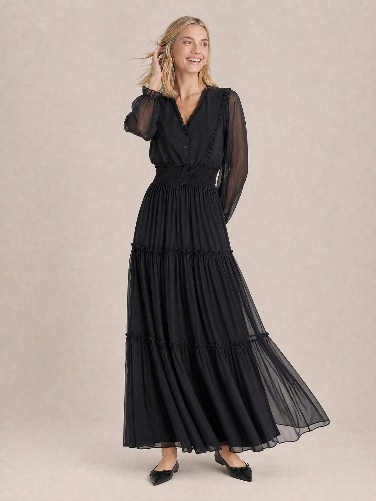 Maison Tara Black Chiffon Tiered Maxi Dress with Smocked Waist
