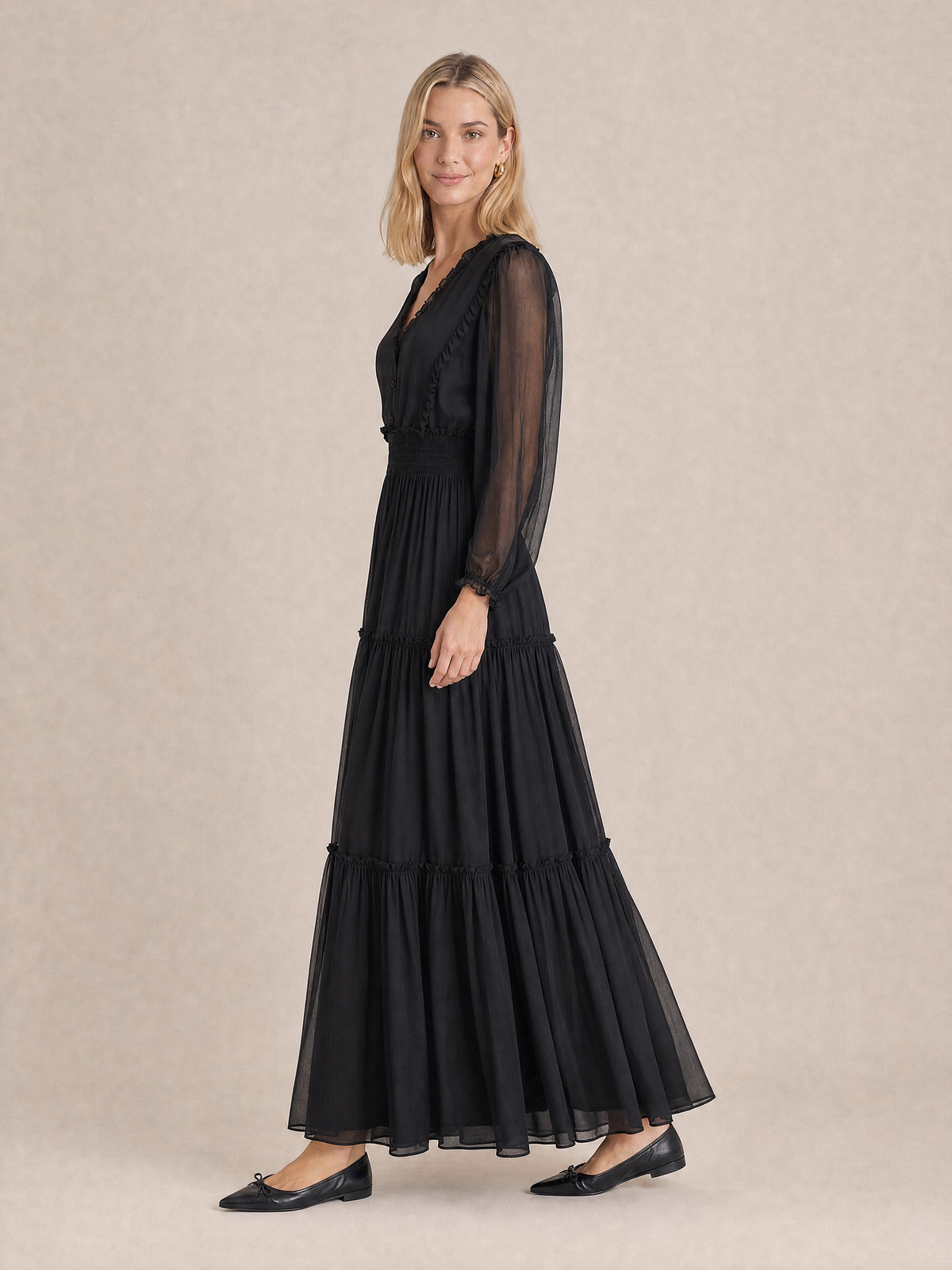 Maison Tara Black Chiffon Tiered Maxi Dress with Smocked Waist
