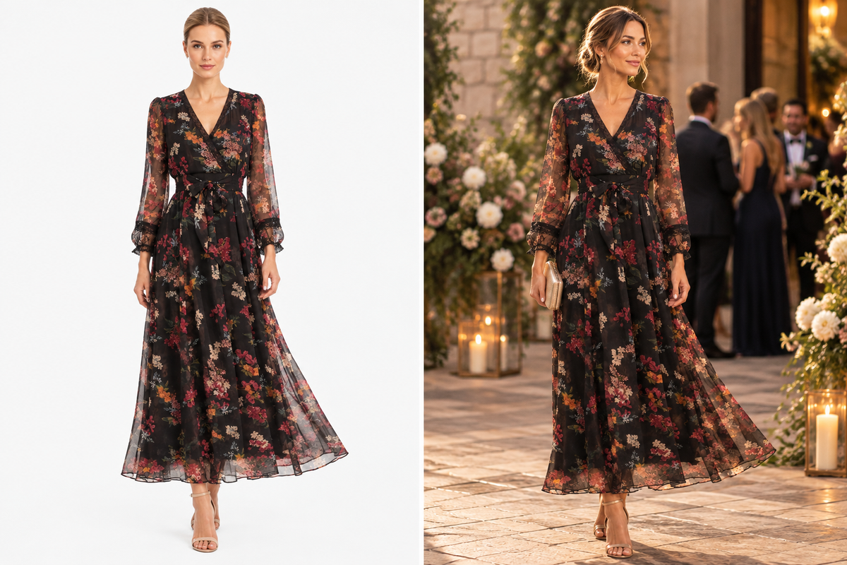 Black Floral Chiffon Maxi Wedding Guest Dress with Long Sleeves | Maison Tara