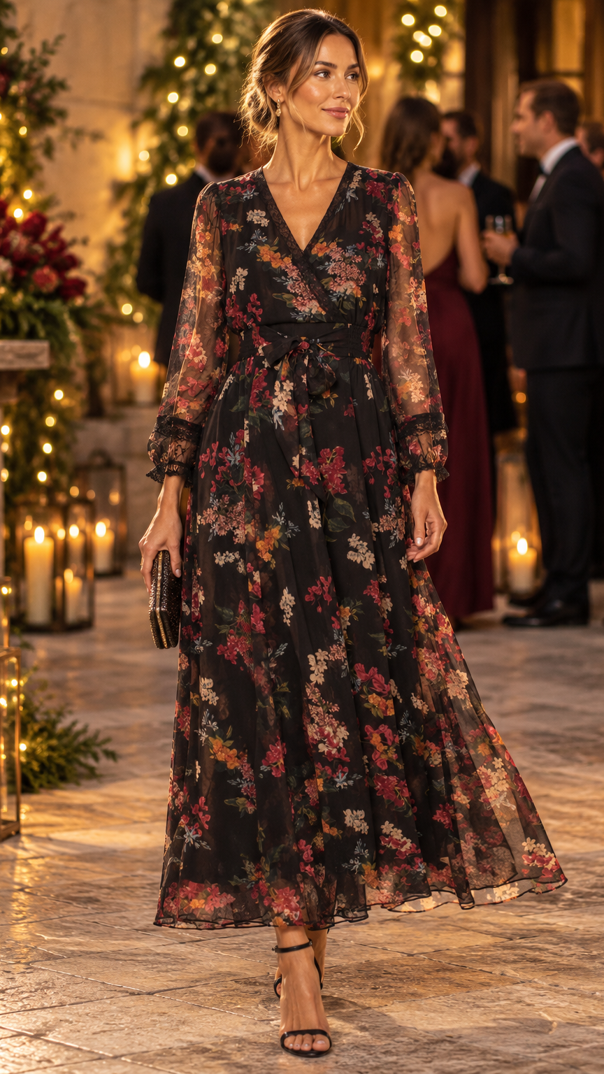 Woman wearing black floral maxi wedding guest dress at elegant holiday reception
