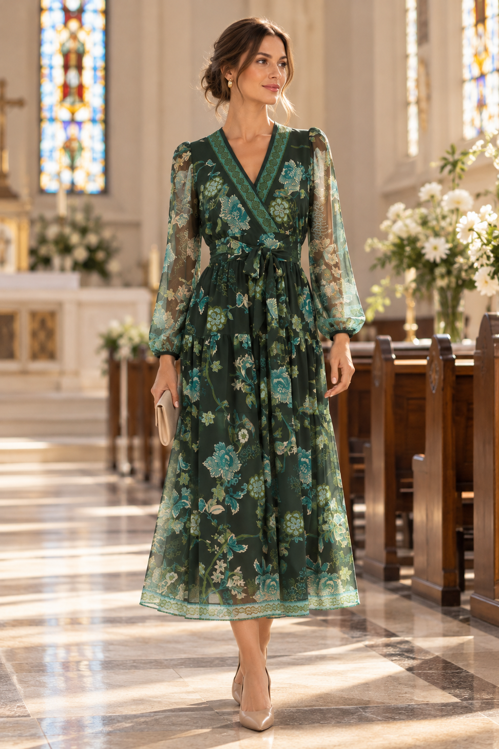 Green Floral Midi Dress | Wedding Guest & Church | Maison Tara green-floral-midi-dress-wedding-guest-church