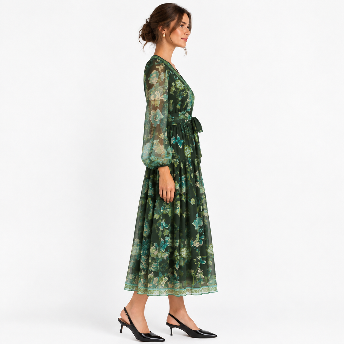Green Floral Midi Dress | Wedding Guest & Church | Maison Tara green-floral-midi-dress-wedding-guest-church
