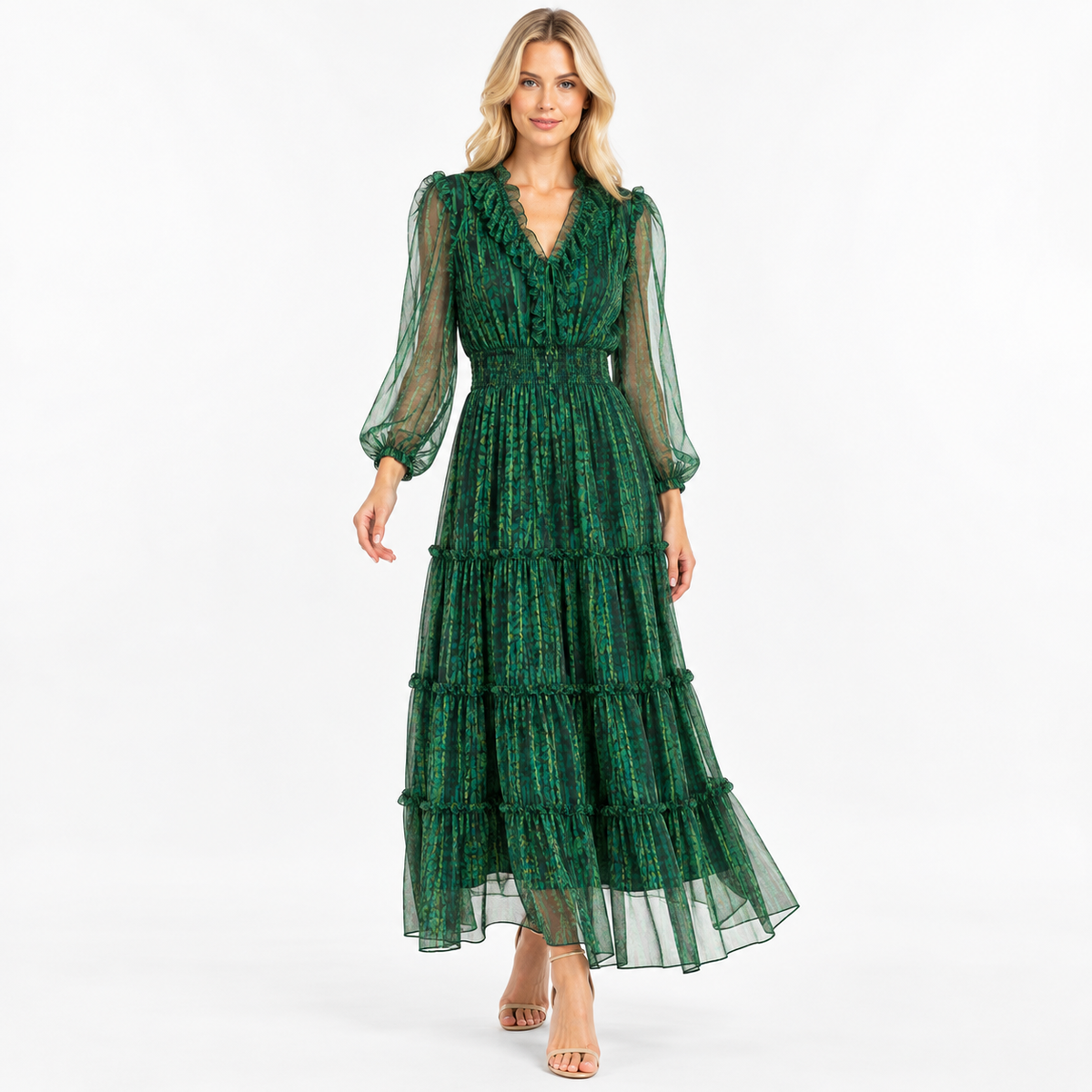 Emerald Green Floral Chiffon Maxi Dress – Holiday Party, Wedding Guest & Church Dress MAISON TARA