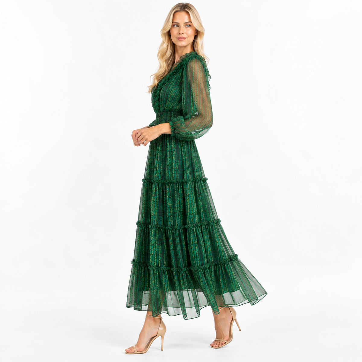 Emerald Green Floral Chiffon Maxi Dress – Holiday Party, Wedding Guest & Church Dress MAISON TARA