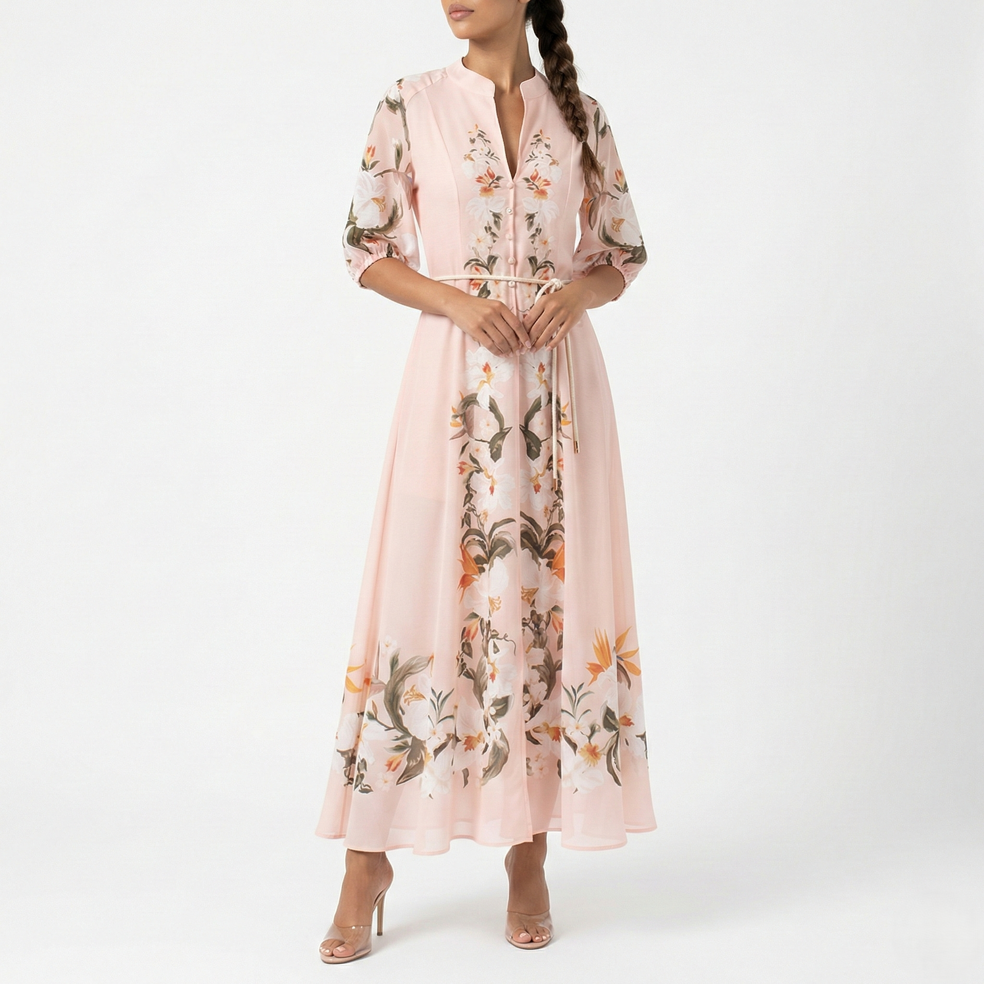 Blush PINK FLORAL PRINT MIDI DRESS WITH TIE WAIST & 3/4 SLEEVES Blush PINK / 16