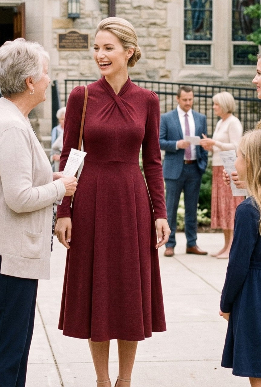 LIPSTICK RED TWIST NECK LONG SLEEVE FIT-AND-FLARE MIDI DRESS