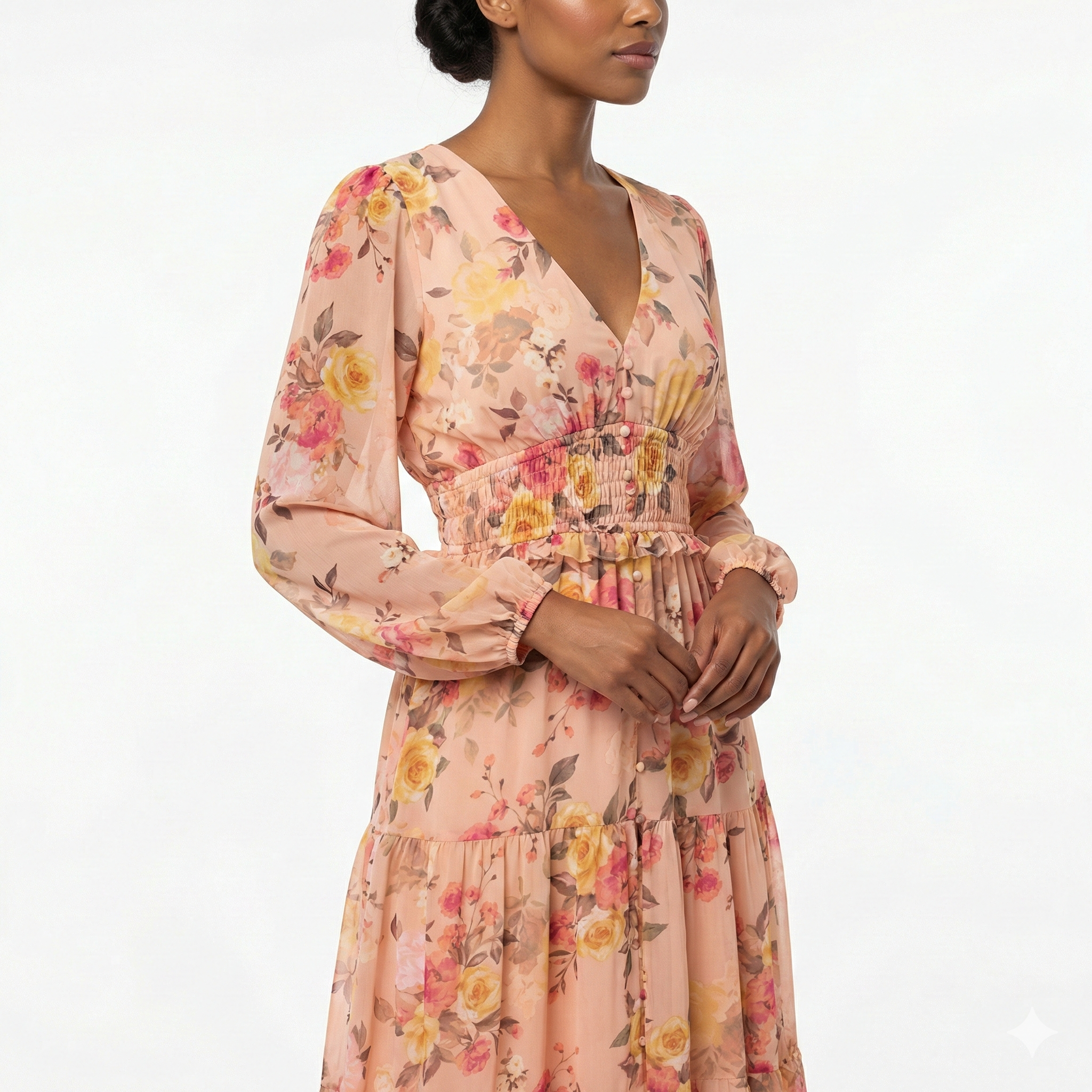 BLUSH FLORAL CHIFFON MAXI DRESS LONG SLEEVE V-NECK TIERED BOHO DRESS Kelly Grace Brands BLUSH FLORAL CHIFFON MAXI DRESS LONG SLEEVE V-NECK TIERED BOHO DRESS Kelly Grace Brands
