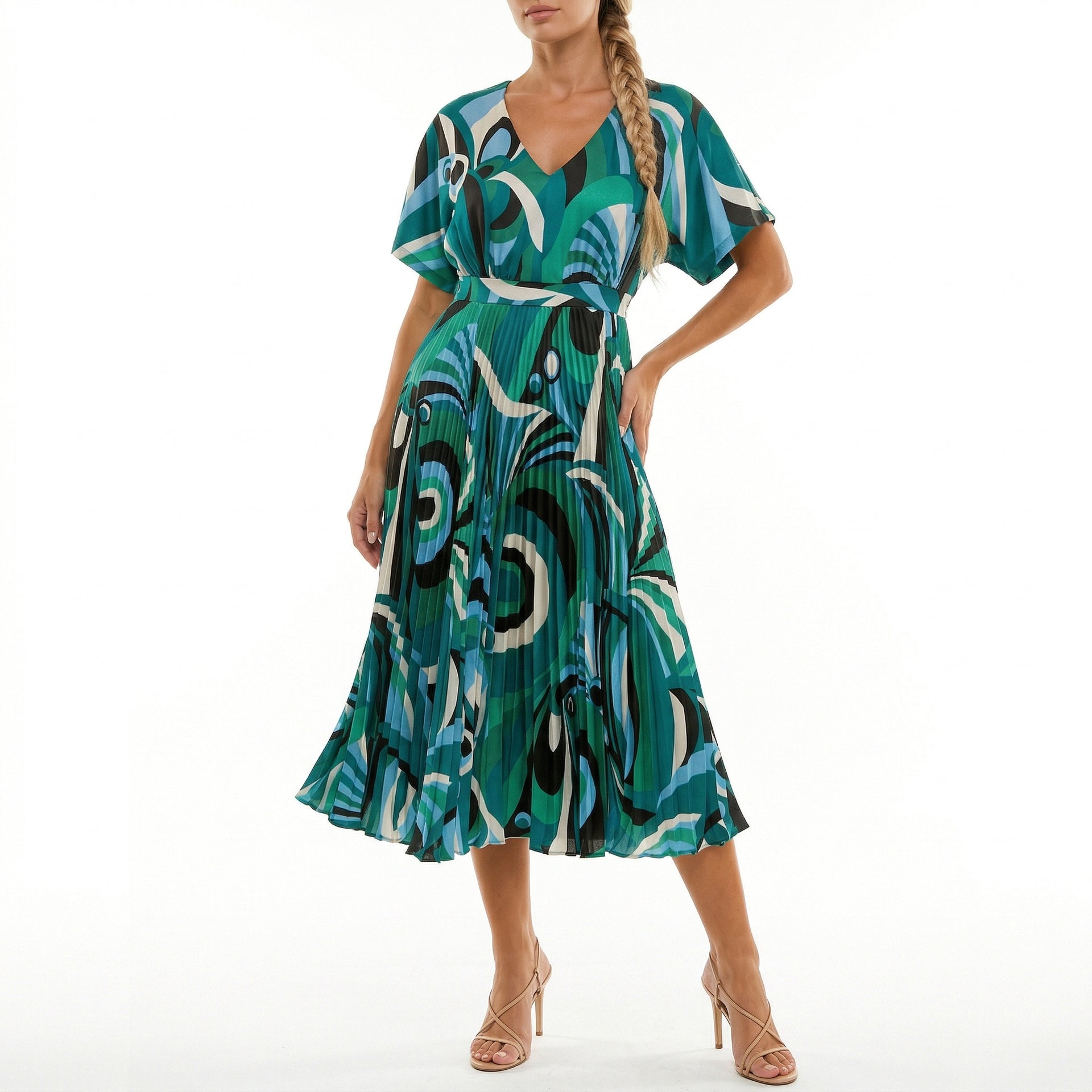 strapless open back dress GREEN ABSTRACT PRINT PLEATED MIDI DRESS – V-NECK SHORT SLEEVE RETRO GE –  Kelly Grace Brands