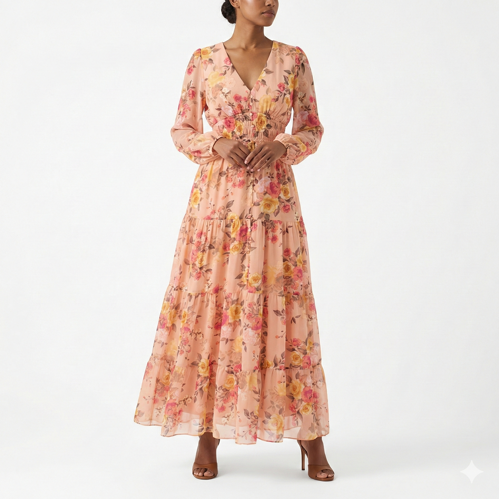 BLUSH FLORAL CHIFFON MAXI DRESS LONG SLEEVE V-NECK TIERED BOHO DRESS Kelly Grace Brands BLUSH FLORAL CHIFFON MAXI DRESS LONG SLEEVE V-NECK TIERED BOHO DRESS Kelly Grace Brands