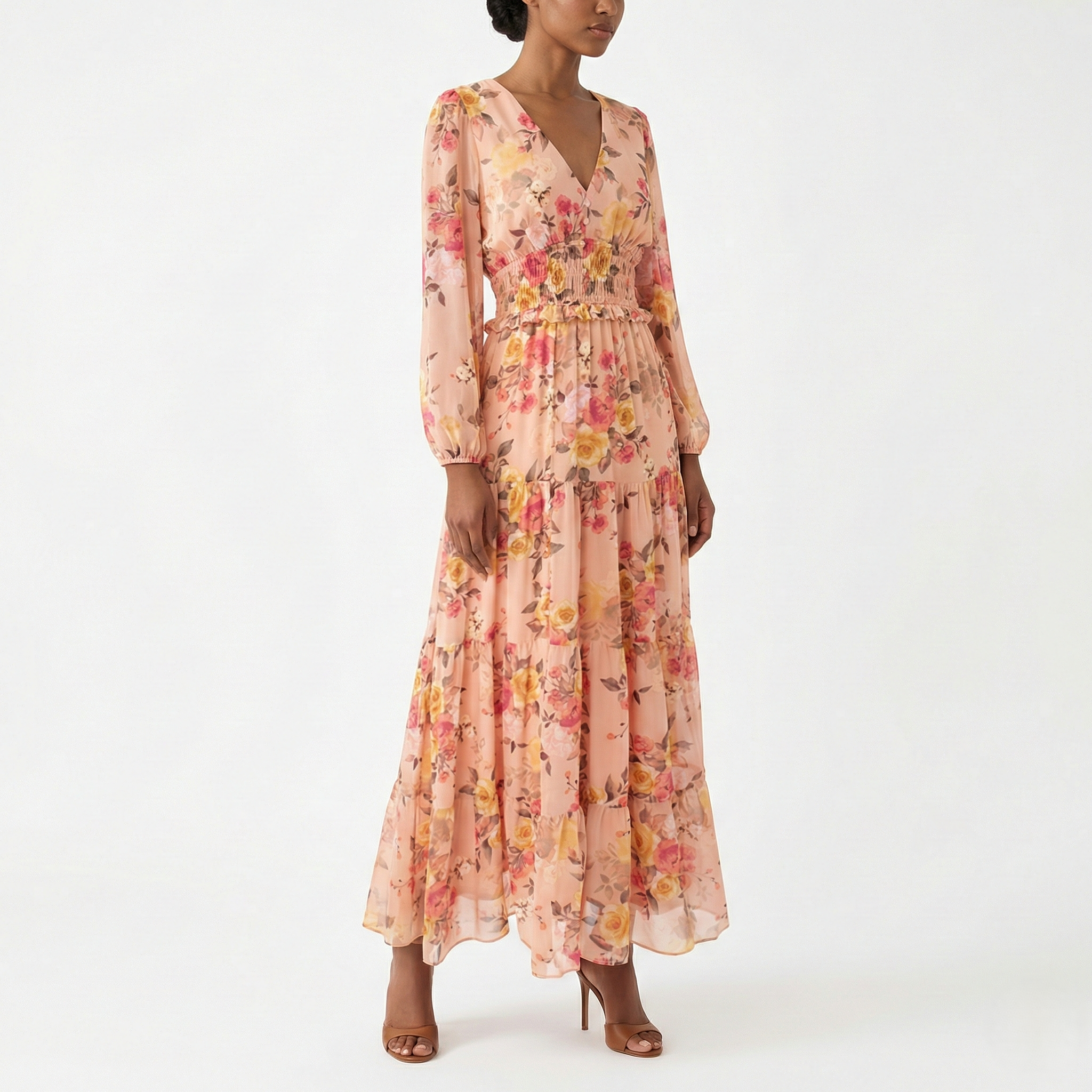 BLUSH FLORAL CHIFFON MAXI DRESS LONG SLEEVE V-NECK TIERED BOHO DRESS Kelly Grace Brands BLUSH FLORAL CHIFFON MAXI DRESS LONG SLEEVE V-NECK TIERED BOHO DRESS Kelly Grace Brands