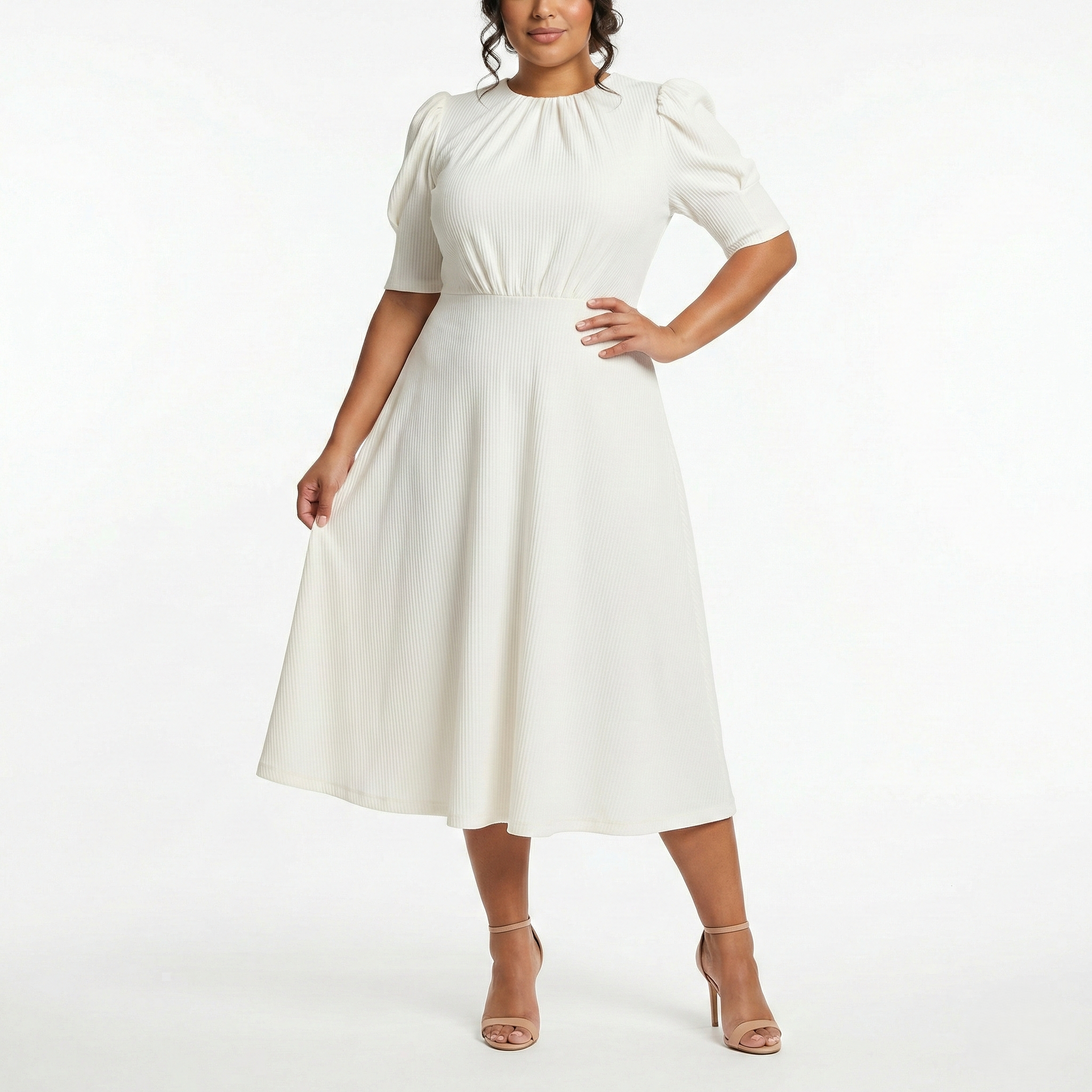 IVORY PUFF SLEEVE MIDI DRESS HIGH NECK A-LINE ELEGANT OCCASION DRESS Kelly Grace Brands IVORY PUFF SLEEVE MIDI DRESS HIGH NECK A-LINE ELEGANT OCCASION DRESS Kelly Grace Brands