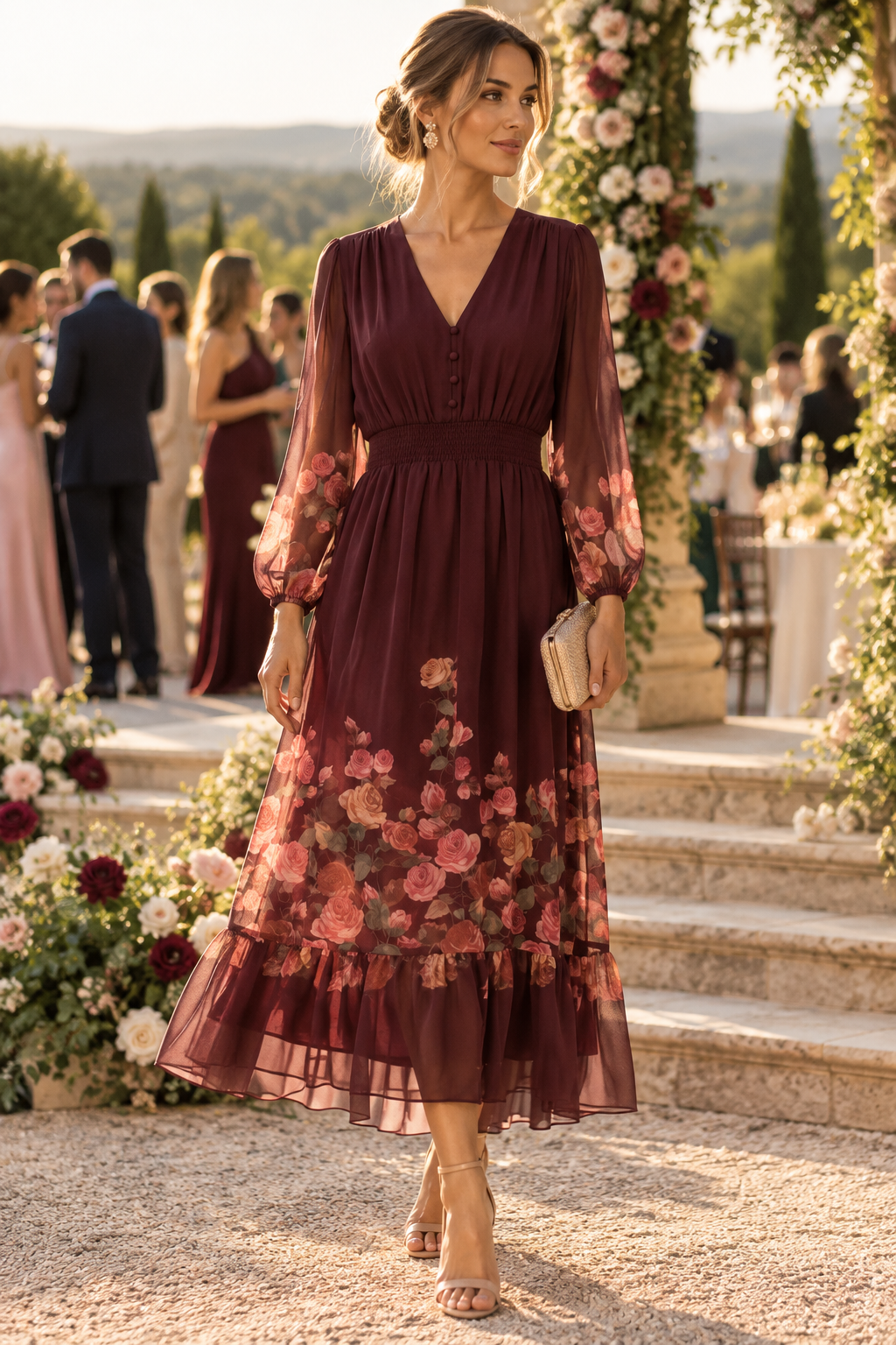 Burgundy Floral Chiffon Midi Dress – Fall Wedding Guest & Church Dress MAISON TARA